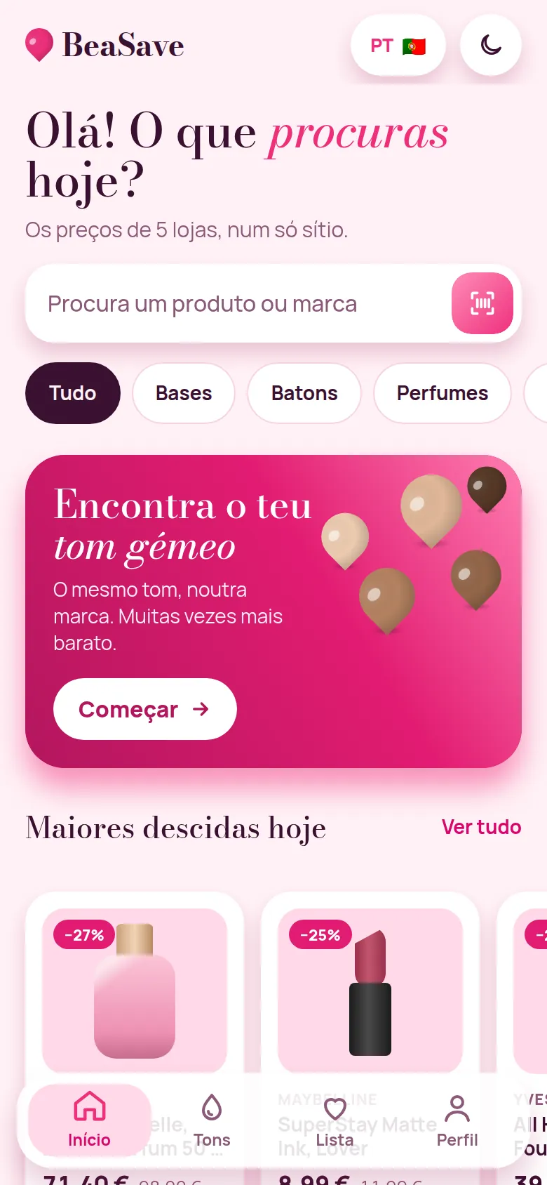 Ecrã inicial da app BeaSave